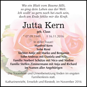 Traueranzeige von Jutta Kern von Super Sonntag SGH Mansf. Land