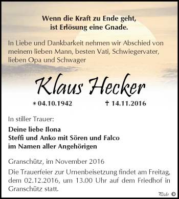 Traueranzeige von Klaus Hecker von WVG - Wochenspiegel NMB / WSF / ZTZ