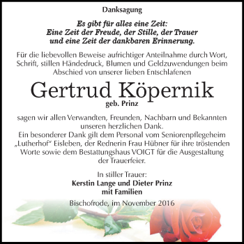 Traueranzeige von Gertrud Köpernik von Wochenspiegel Mansfelder Land