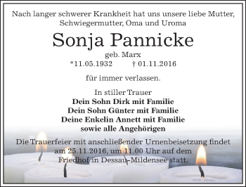 Traueranzeige von Sonja Pannicke von Mitteldeutsche Zeitung Dessau-Roßlau