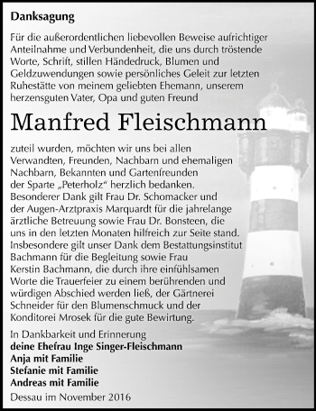 Traueranzeige von Manfred Fleischmann von Mitteldeutsche Zeitung Dessau-Roßlau