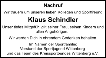 Traueranzeige von Klaus Schindler von Super Sonntag Wittenberg