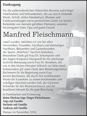 Traueranzeige von Manfred Fleischmann von WVG - Wochenspiegel Dessau / Köthen