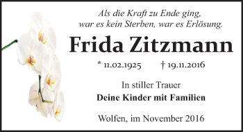 Traueranzeige von Frida Zitzmann von Mitteldeutsche Zeitung Bitterfeld