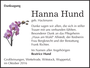 Traueranzeige von Hanna Hund von Mitteldeutsche Zeitung Sangerhausen