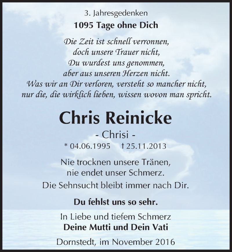  Traueranzeige für Chris Reinicke vom 25.11.2016 aus Mitteldeutsche Zeitung Halle/Saalkreis