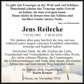 Traueranzeige von Jens Reilecke von Super Sonntag Aschersleben