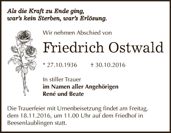 Traueranzeige von Friedrich Ostwald von Super Sonntag Bernburg