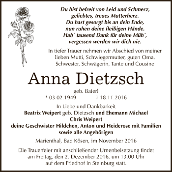 Traueranzeige von Anna Dietzsch von WVG - Wochenspiegel NMB / WSF / ZTZ