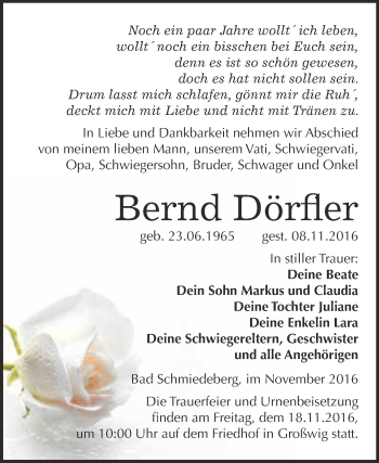 Traueranzeige von Bernd Dörfler von WVG - Wochenspiegel Wittenberg