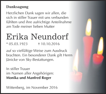 Traueranzeige von Erika Neundorf von Super Sonntag Wittenberg