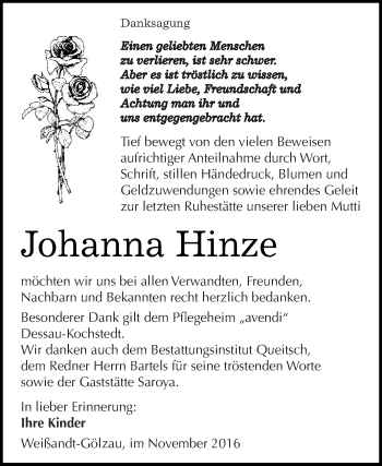 Traueranzeige von Johanna Hinze von WVG - Wochenspiegel Dessau / Köthen