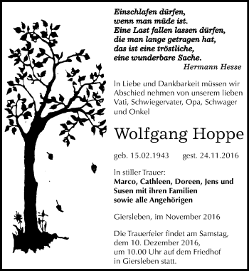 Traueranzeige von Wolfgang Hoppe von Mitteldeutsche Zeitung Aschersleben