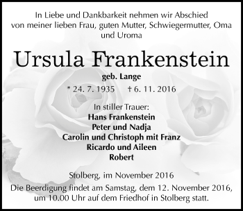 Traueranzeige von Ursula Frankenstein von Mitteldeutsche Zeitung Sangerhausen