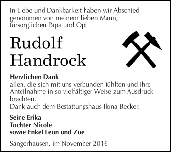 Traueranzeige von Rudolf Handrock von Super Sonntag SGH Mansf. Land
