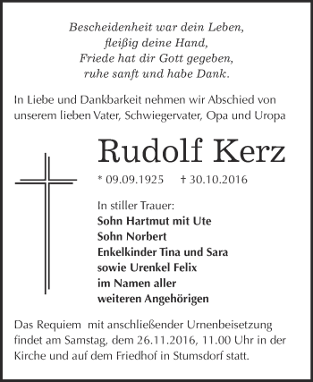 Traueranzeige von Rudolf Kerz von WVG - Wochenspiegel Bitterfeld