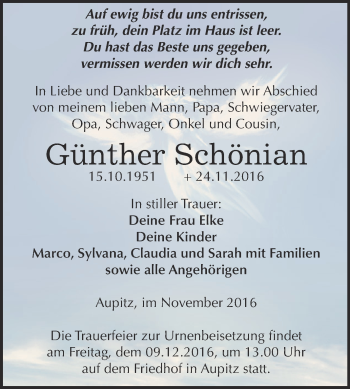 Traueranzeige von Günther Schönian von WVG - Wochenspiegel NMB / WSF / ZTZ