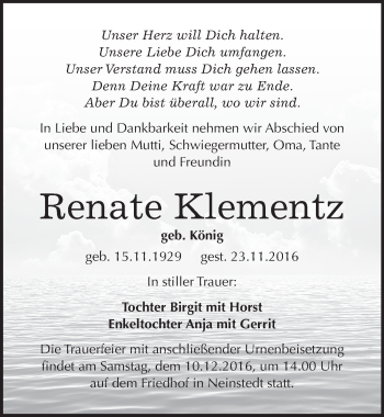 Traueranzeige von Renate Klementz von Mitteldeutsche Zeitung Quedlinburg