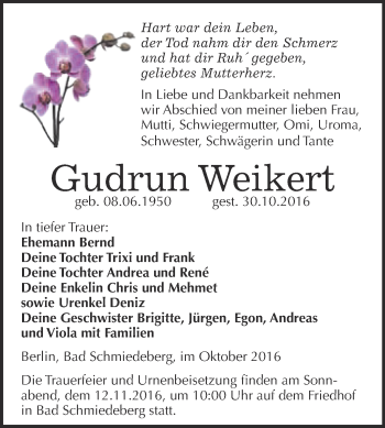 Traueranzeige von Gudrun Weikert von WVG - Wochenspiegel Wittenberg