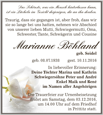 Traueranzeige von Marianne Böhland von WVG - Wochenspiegel NMB / WSF / ZTZ
