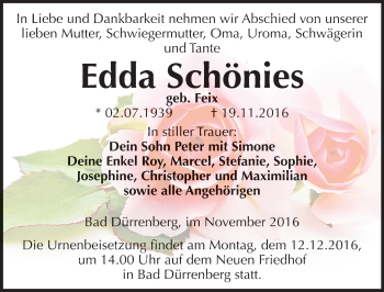 Traueranzeige von Edda Schönies von Mitteldeutsche Zeitung Merseburg/Querfurt