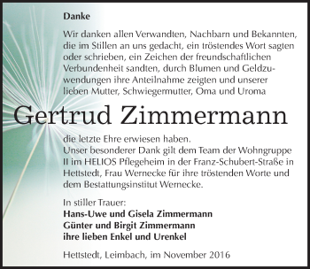 Traueranzeige von Gertrud Zimmermann von Mitteldeutsche Zeitung Mansfelder Land