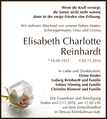 Traueranzeige von Elisabeth Charlotte Reinhardt von WVG - Wochenspiegel Dessau / Köthen