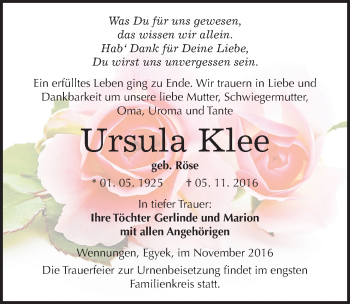 Traueranzeige von Ursula Klee von Mitteldeutsche Zeitung Naumburg/Nebra