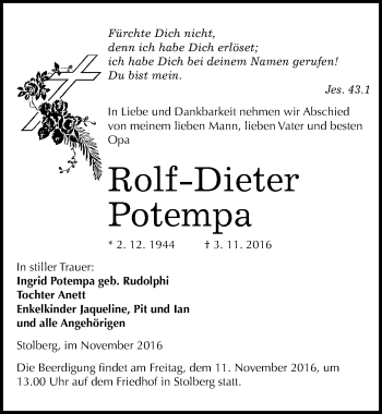 Traueranzeige von Rolf-Dieter Potempa von Mitteldeutsche Zeitung Quedlinburg