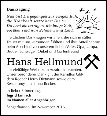 Traueranzeige von Hans Hellmund von Mitteldeutsche Zeitung Sangerhausen