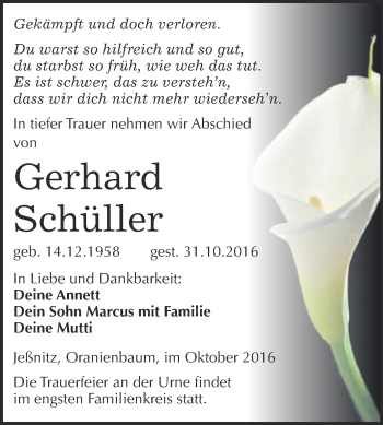 Traueranzeige von Gerhard Schüller von WVG - Wochenspiegel Wittenberg