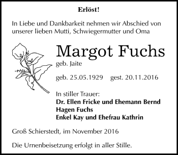 Traueranzeige von Margot Fuchs von Mitteldeutsche Zeitung Aschersleben