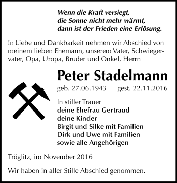 Traueranzeige von Peter Stadelmann von Mitteldeutsche Zeitung Zeitz
