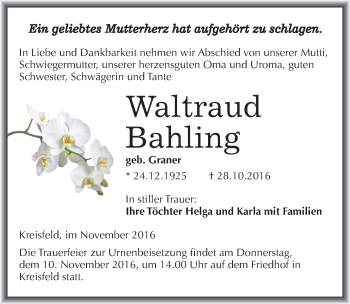 Traueranzeige von Waltraud Bahling von Mitteldeutsche Zeitung Mansfelder Land