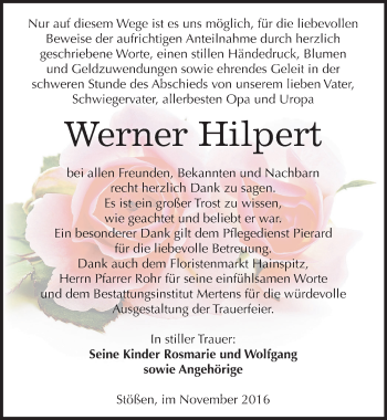 Traueranzeige von Werner Hilpert von Mitteldeutsche Zeitung Weißenfels