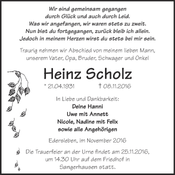 Traueranzeige von Heinz Scholz von Super Sonntag SGH Mansf. Land