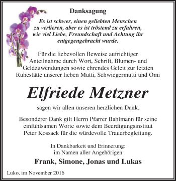 Traueranzeige von Elfriede Metzner von Mitteldeutsche Zeitung Dessau-Roßlau