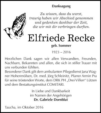Traueranzeige von Elfriede Recke von WVG - Wochenspiegel NMB / WSF / ZTZ