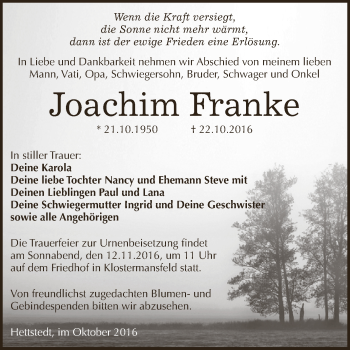 Traueranzeige von Joachim Franke von Wochenspiegel Mansfelder Land