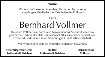 Traueranzeige von Bernhard Vollmer von Mitteldeutsche Zeitung Mansfelder Land