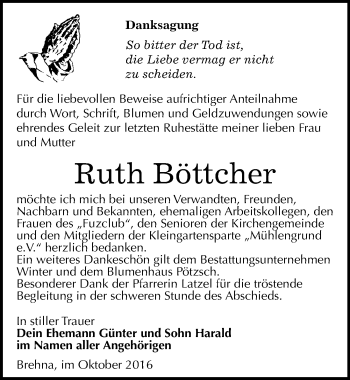 Traueranzeige von Ruth Böttcher von Mitteldeutsche Zeitung Bitterfeld