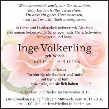Traueranzeige von Inge Völkerling von WVG - Wochenspiegel Quedlinburg