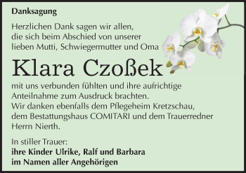 Traueranzeige von Klara Czoßek von Mitteldeutsche Zeitung Zeitz
