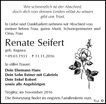 Traueranzeige von Renate Seifert von Mitteldeutsche Zeitung Zeitz