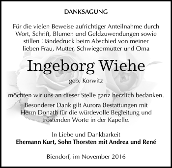 Traueranzeige von Ingeborg Wiehe von Mitteldeutsche Zeitung Bernburg