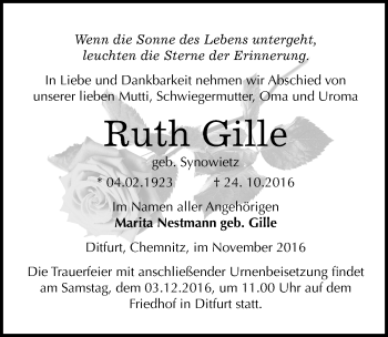 Traueranzeige von Ruth Gille von Mitteldeutsche Zeitung Quedlinburg