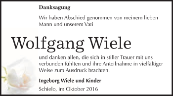 Traueranzeige von Wolfgang Wiele von WVG - Wochenspiegel Quedlinburg