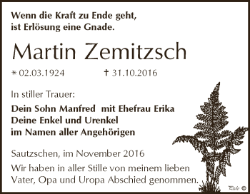 Traueranzeige von Martin Zemitzsch von Super Sonntag Zeitz