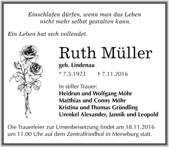 Traueranzeige von Ruth Müller von Mitteldeutsche Zeitung Merseburg/Querfurt