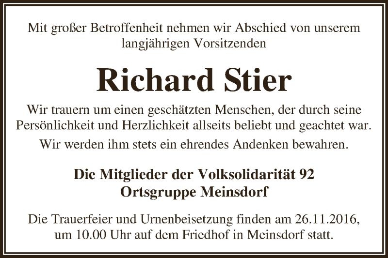  Traueranzeige für Richard Stier vom 19.11.2016 aus WVG - Wochenspiegel Dessau / Köthen